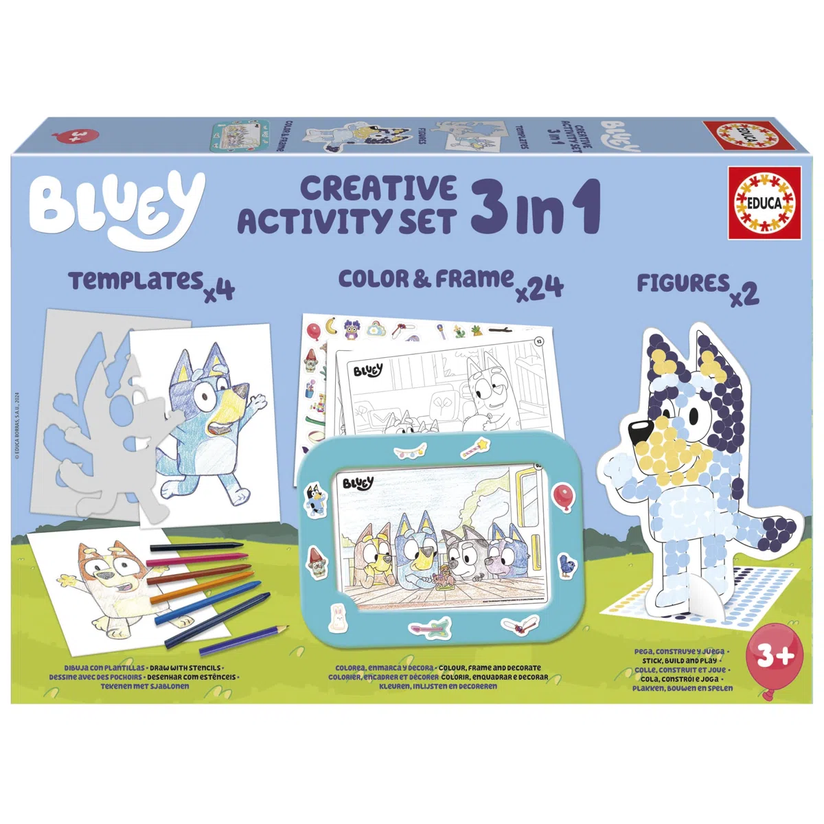 Educa - Set creativo Bluey 3 in 1 con tre attività: dipingere con i numeri, creare 2 figure 3D da decorare e disegnare i personaggi della serie Bluey con gli stencil. Da 3 anni in su (19887)