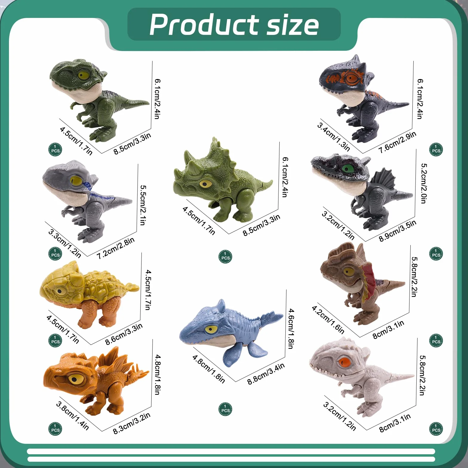 Mini Dinosauro Set ABS per Dita, Morso Dino per Bambini, Ragazzi e Ragazze - 10 Pezzi in Colori Misti