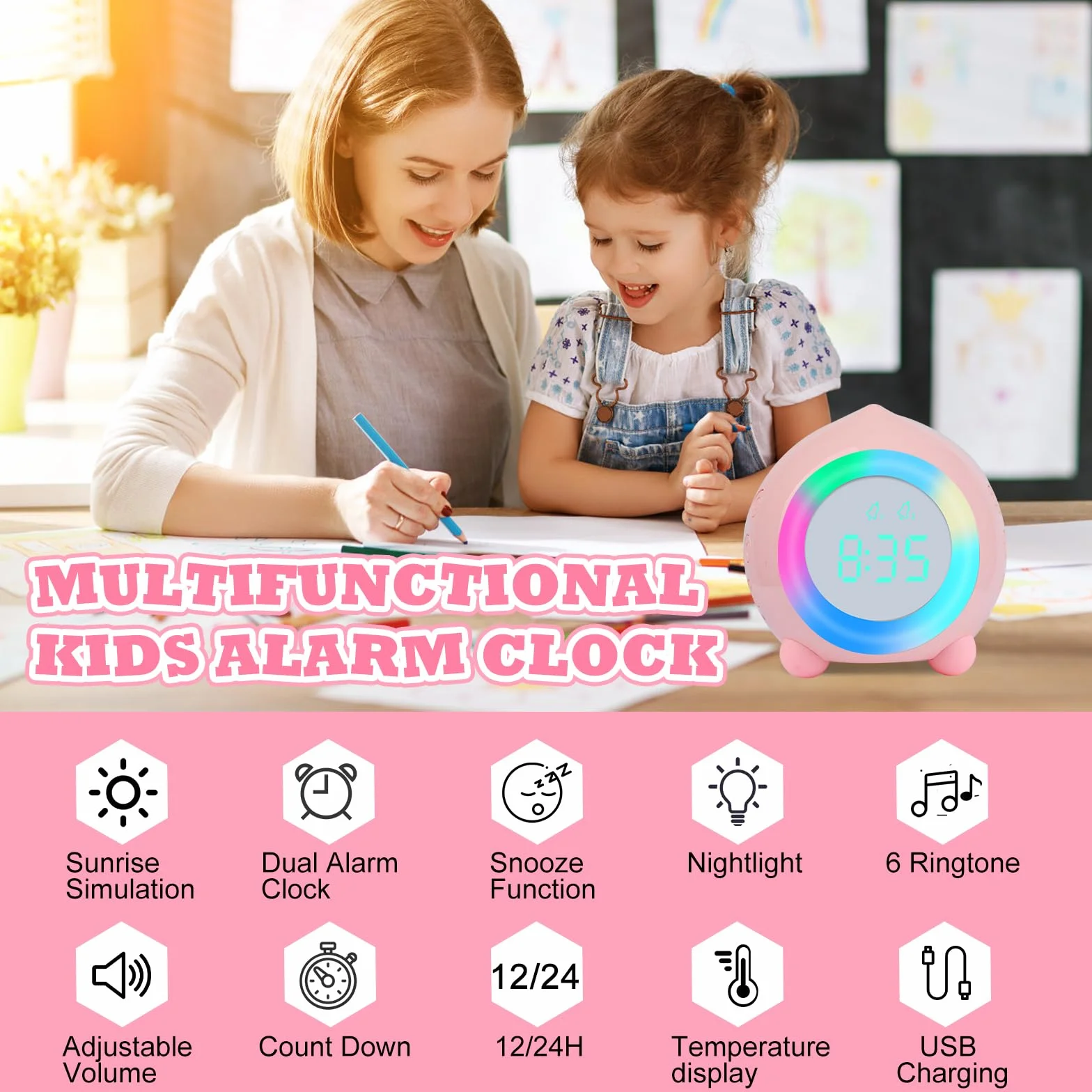 Sveglia Digitale per Bambini con Snooze,Luce Notturna,12/24 Ore,Sveglia da Comodino per Ragazzi e Ragazze,Facile da Usare per L'asilo,La Camera da Letto,il Soggiorno（Rosa）