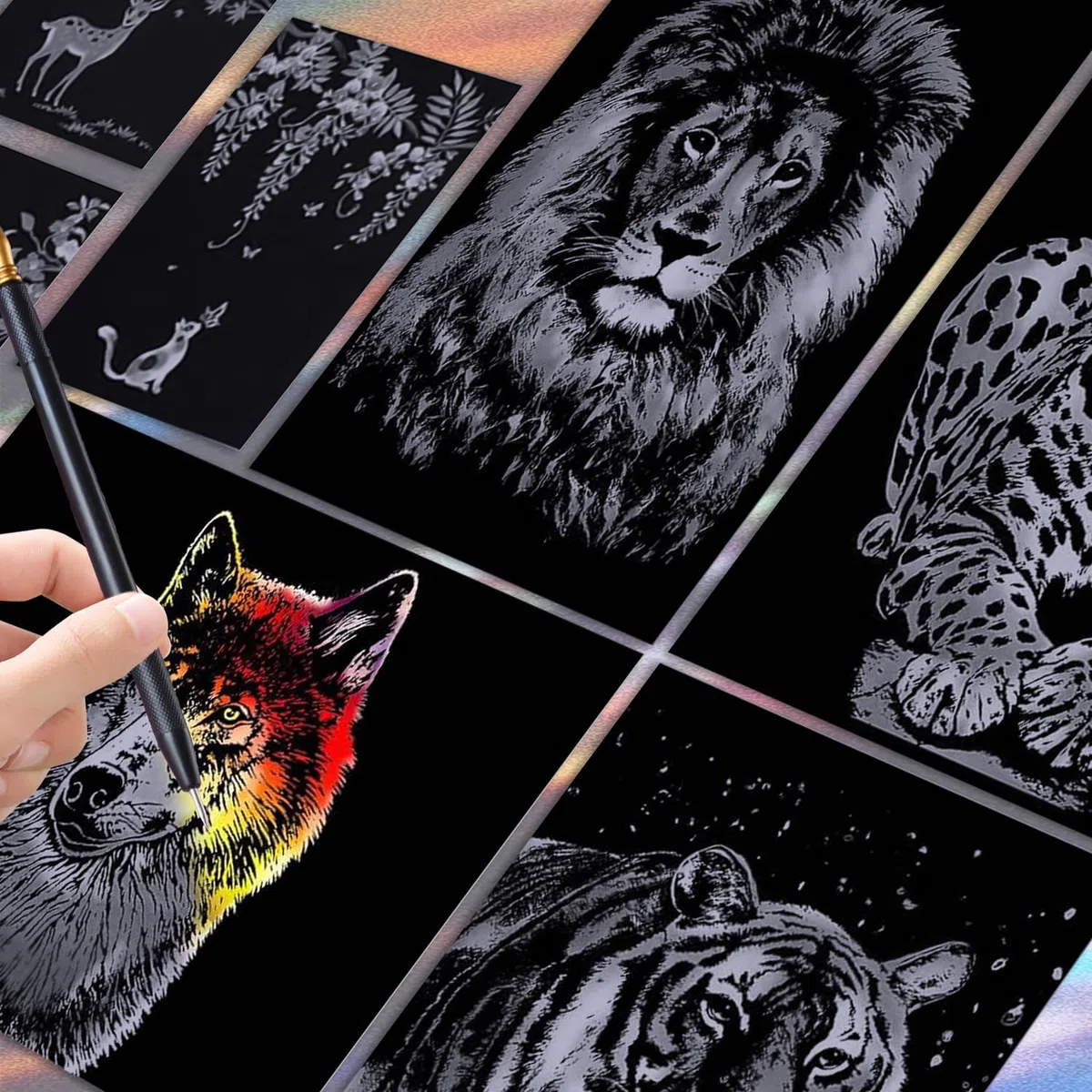 Set da 8 Disegni da Grattare per Adulti & Bambini, Arte in Foglio con Strumenti, Serie Animali (Formato A4/A5)