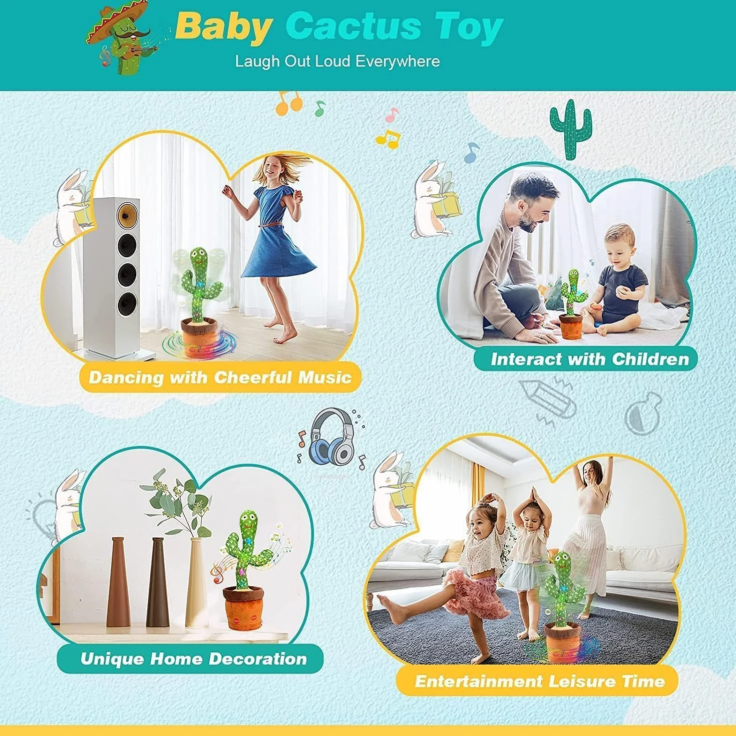 Cactus Parlante Divertente con Luci LED - Giocattolo Antistress che Balla e Ripete la Voce, Regalo Originale per Ufficio, Casa, Feste e Bambini