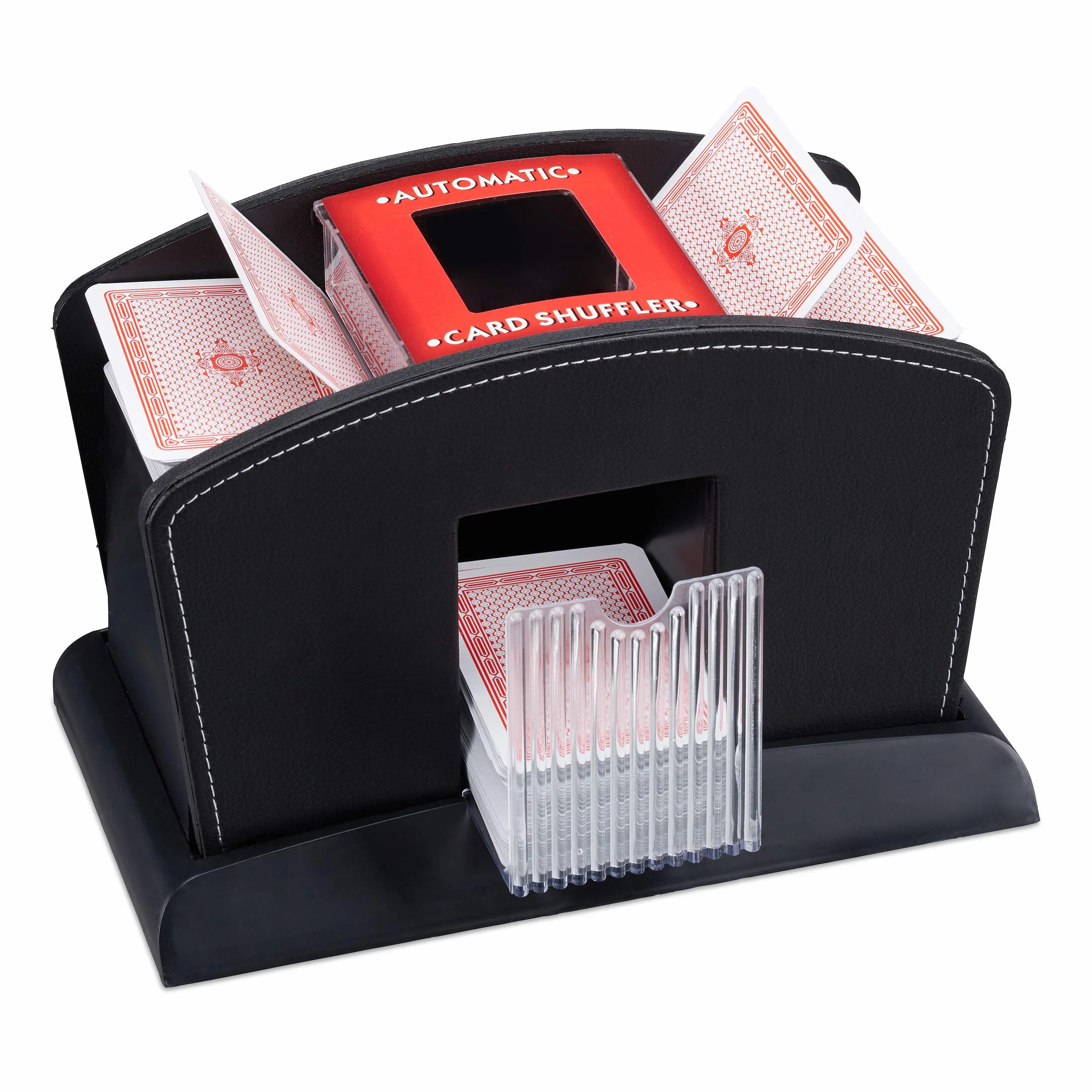 Relaxdays, mescolatore di carte nero elettrico, in pelle, 4 mazzi, mescola automaticamente le carte, standard