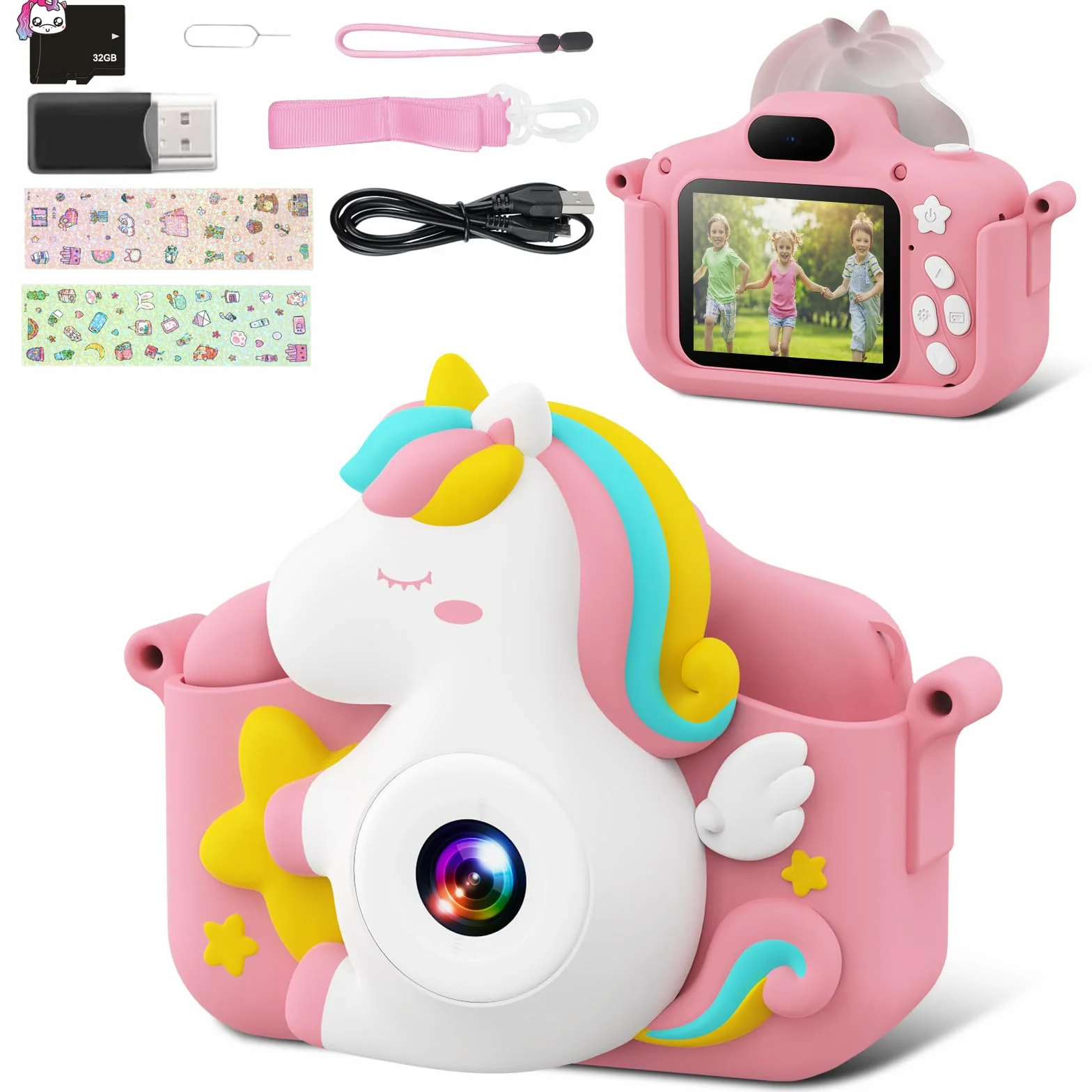 CAMCLID Macchina Fotografica Bambini, 2.0 Pollici Fotocamera Digitale Bambini 1080P HD Videocamera con Scheda 32 GB, Regalo Giocattolo di Natale & Compleanno per Ragazze Ragazzi da 3-12 Anni (Rosa)