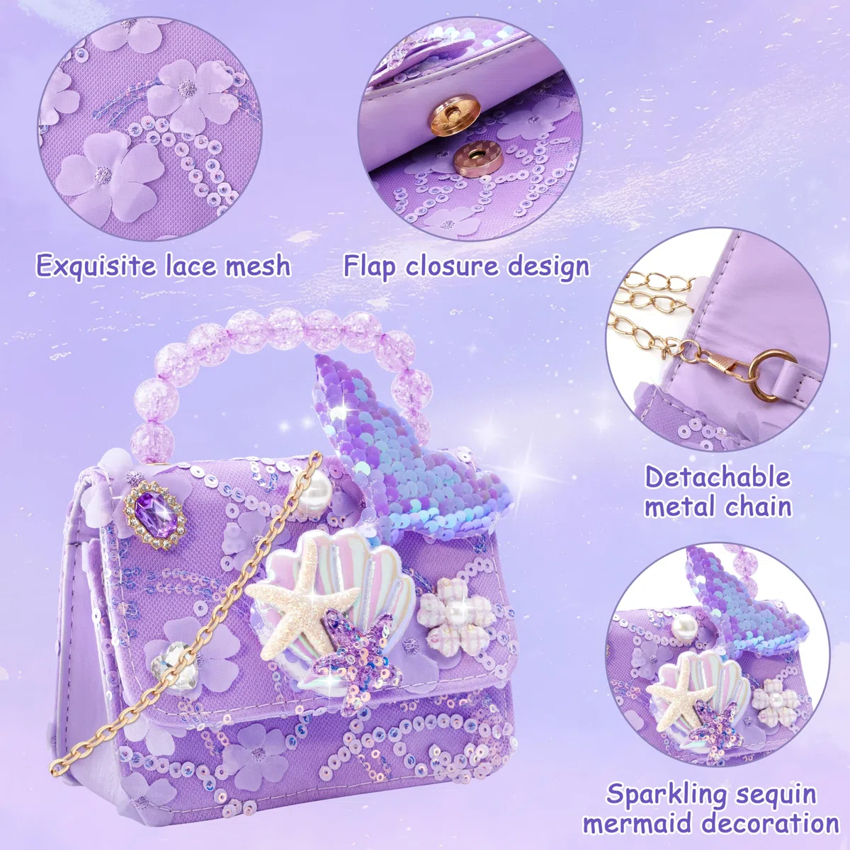 Borsa a Tracolla per Ragazze Tema Della Sirena Principessa Borsa Pochette con Il Set di Gioielli da Vestire Graziosa Piccola Portafoglio Collana Bracciale Orecchini Anelli per le Bambine, 3-7 Anni