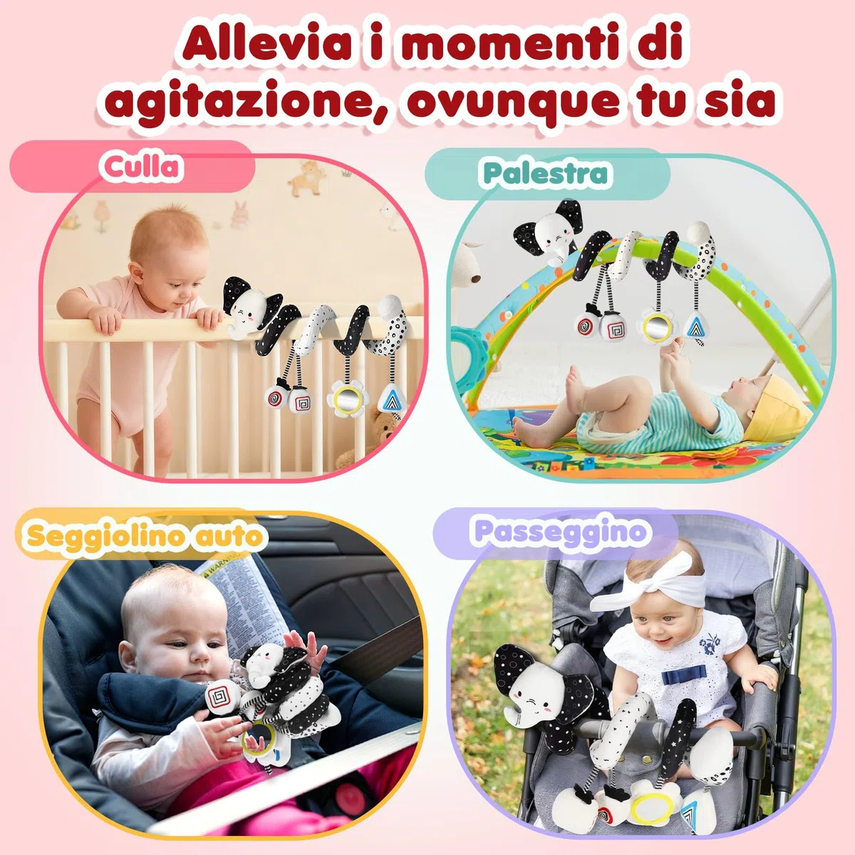 URMYWO Spirale Passeggino Neonato, Arco Giochi Neonato con attività Montessori Sensoriali, Pratico da Appendere a Passeggino Lettino e Seggiolino, Idea Regalo per Sviluppare Motricità 0-6 Mesi