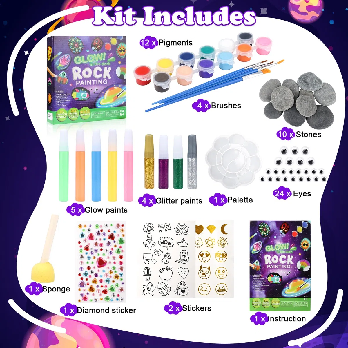 Nakutita Set di Pietre da Dipingere, Set di Pietre Fluorescenti da Dipingere per Bambini dai 5 6 7 8 9 10 Anni Regalo, Pittura Creativa su Pietre, Set di Dipinti su 10 Pietre, 6 Colori Regalo per