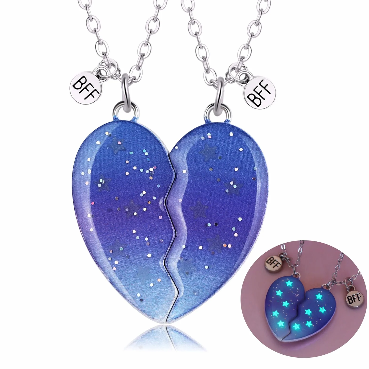 2PCS Collane Notte Stellata Magnetiche Uniche BFF, Collane a Catena con Ciondolo Cuore Best Friends con Luminoso, Collana Incandescente, Amicizia Gioielli Regali per Donne Ragazze Amici Sorelle Madre