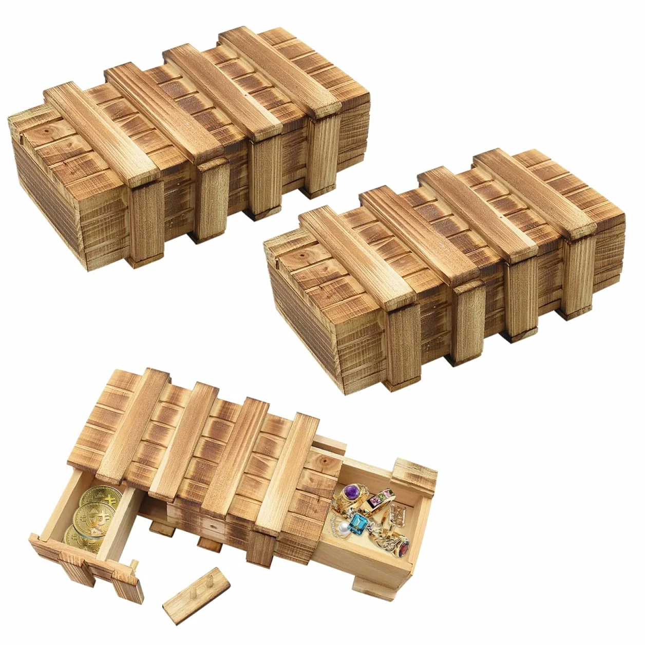 Confezione da 2 piccole scatole puzzle in legno con scomparti, compiti di pensiero per adulti, mini cassettiera per soldi, gioielli, giocattoli IQ per bambini, 15 cm x 8 cm x 5 cm