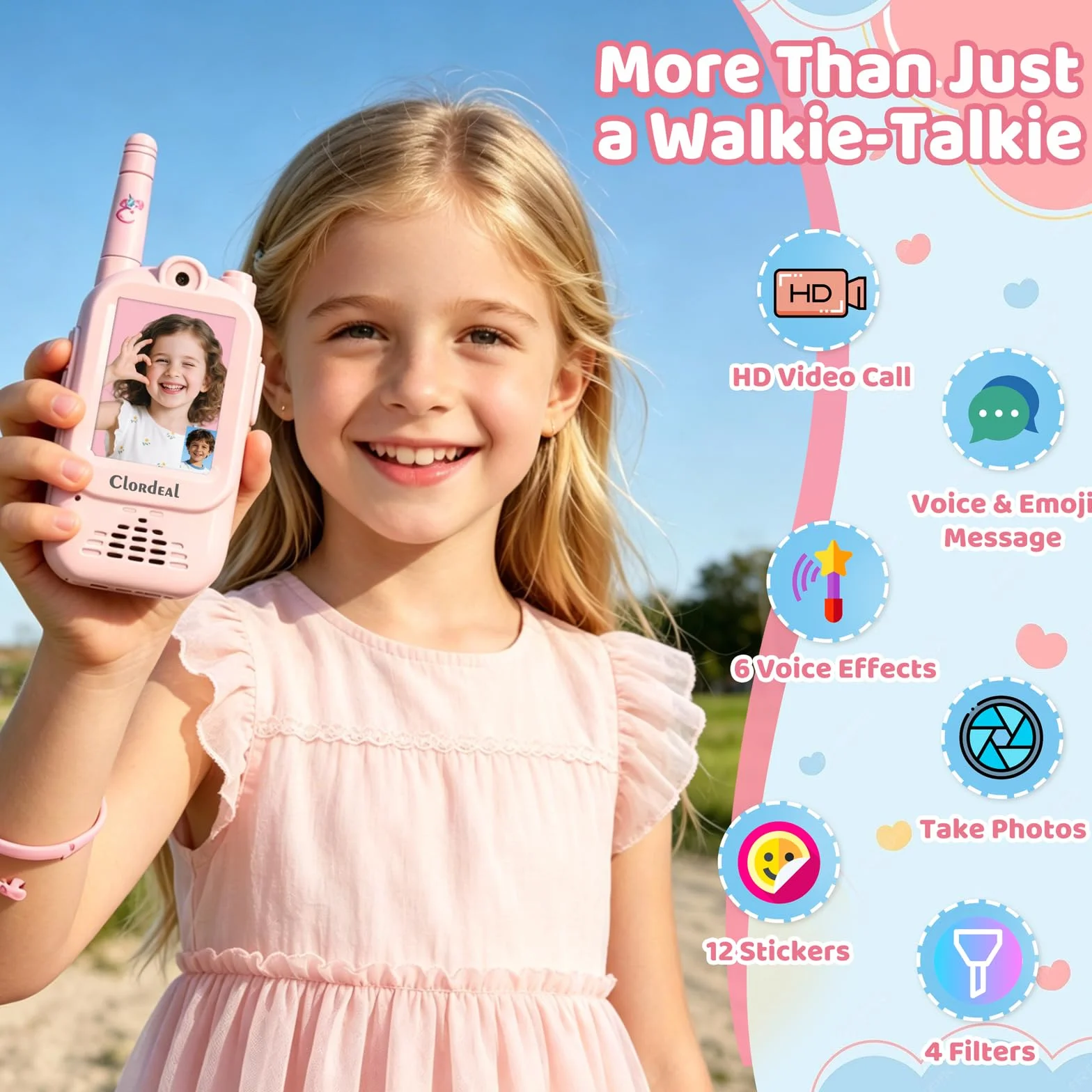 Video Walkie Talkie Bambini Lungo Raggio Ricaricabile, Regalo Bambina 3-12 Anni, Videochiamata, 6 Effetti Voce, 23 Emoticon, 12 Adesivi, LCD 2", Rosa, Confezione da 2