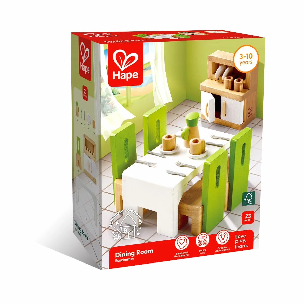 Hape Sala da Pranzo per la casa delle bambole | Mobili in legno in miniatura con piatti e posate | Per gioco di ruolo dai 3 anni