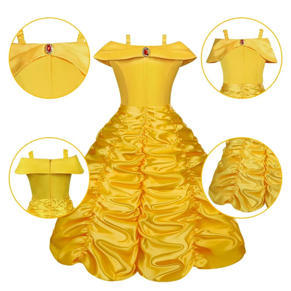 Vicloon Belle Cosplay Costume, Principessa Belle Carnevali Costume Vestito da Ragazza con Principessa Corona, Principessa Bacchetta, Festa di Compleanno Natale Holloween Cosplay Party, 130CM