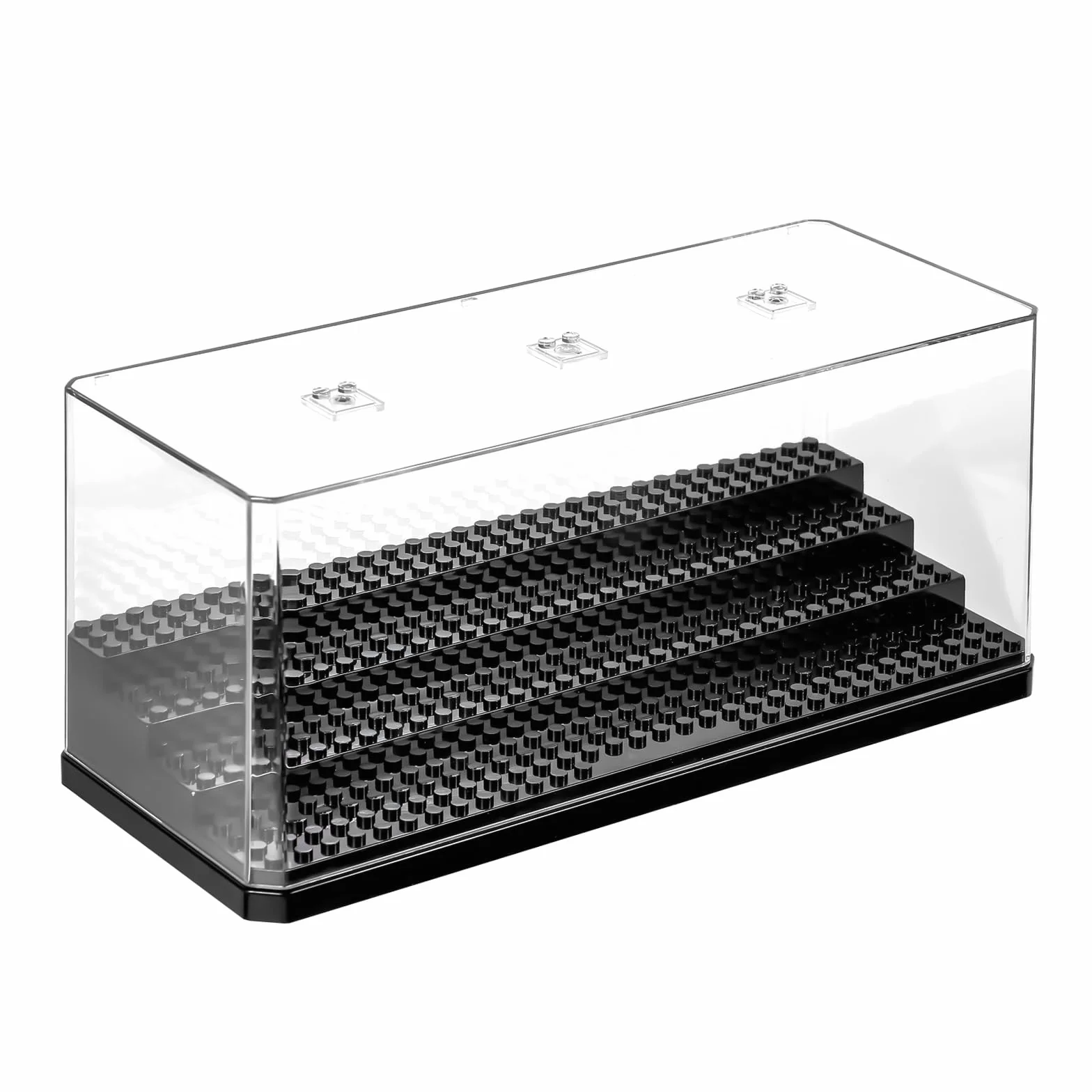 Zorplex Vetrina Acrilica per Minifigure, Scatola Espositiva Impilabile a 4 Strati con Ripiani Rimovibili, Anti-Polvere, Trasparente, Perfetta per Giocattoli e Modelli da Collezione (Nero)