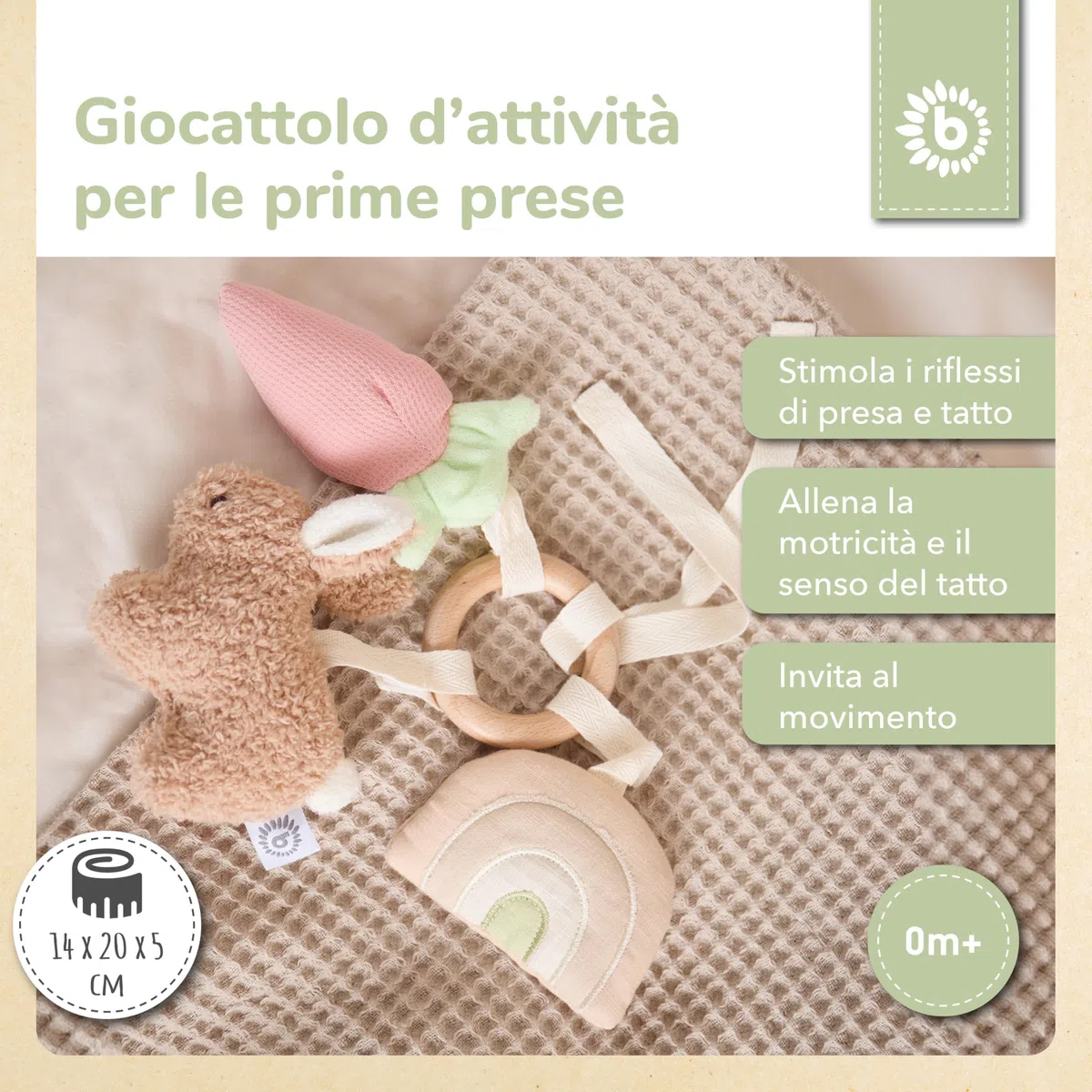 Bieco Activity giocattolo coniglietto fine | anello di presa in legno con sonaglio in peluche, elemento cigolio e pellicola scoppiettante | giocattolo per bambini a partire da 0 mesi