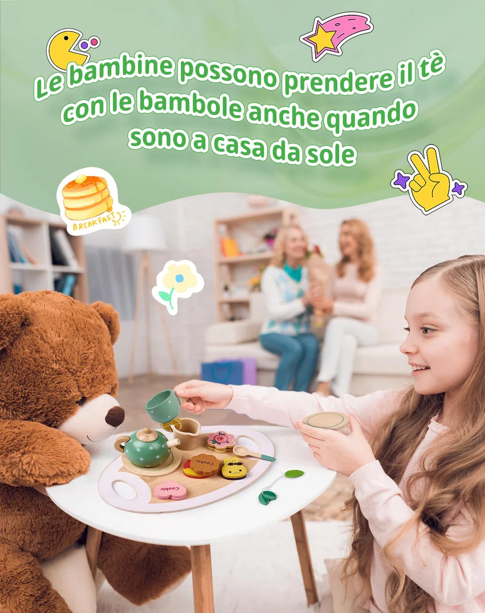 Set da Tè Giocattoli in Legno per Bambini 3-7 Anni Cucina Giocattolo Tea Party Educativi Montessori Gioco di Imitazione per Ragazze Regalo Compleanno Pasqua Halloween Natale per Bambina 3 4 5 6 Anni