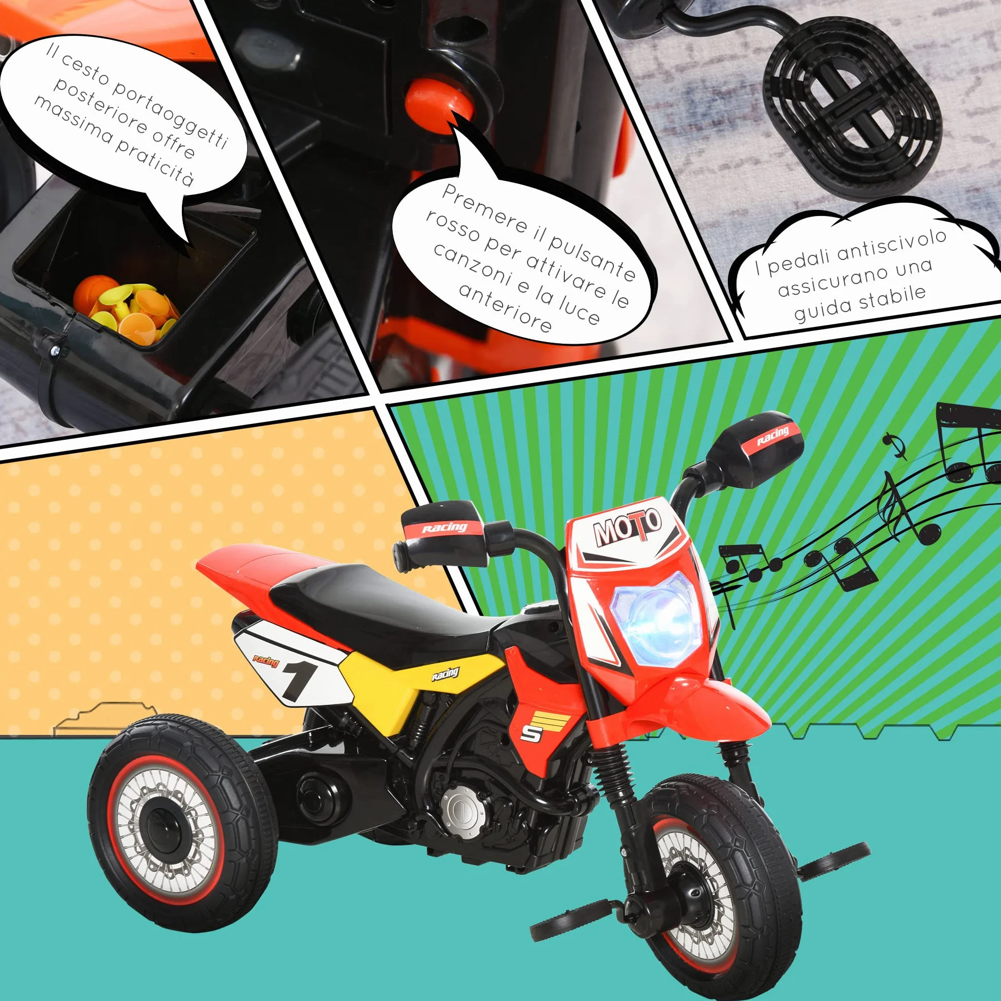 HOMCOM Triciclo per Bambini Stile Moto a Pedali con Luci e Suoni, 3 Ruote Larghe, Età 18-36 Mesi, 71x40x51cm, Rosso