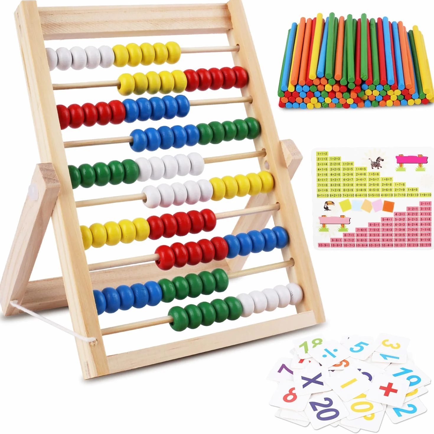 Pallottoliere per Bambini, Abaco Scuola Primaria, Abaco Legno Calcolatrice Gioco, Abaco Piccolo, Abaco Legno Montessori con 100 Bastoncini di Conteggio e Carte Numeriche
