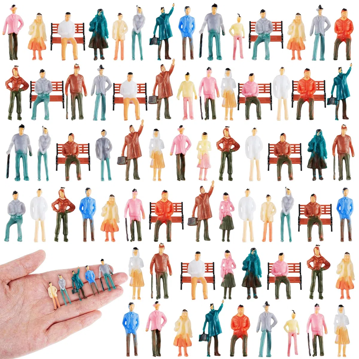 Namalu 100 Pezzi Mini Figure di Persone Colorate in Scala 1:75 con 12 Panchine in Miniatura Piccole Figurine Sedute e in Piedi Personaggi Modellismo per Casa delle Bambole Diorama Museo