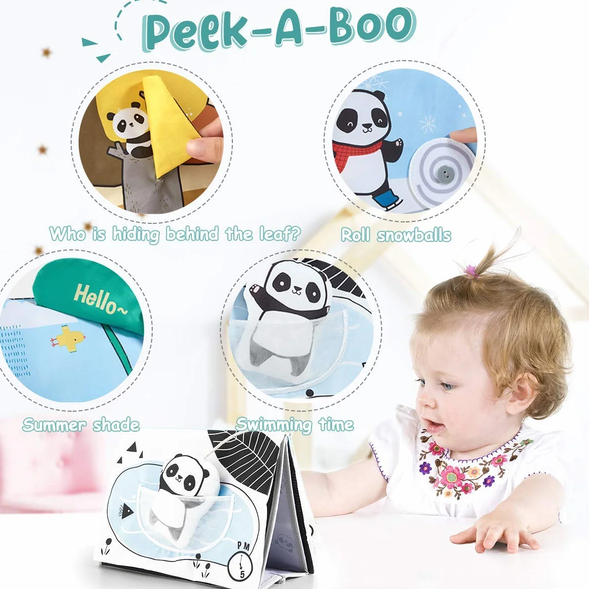 beiens Libri Tattile Sensoriali Stoffa Neonati, Giocattoli a Specchio per Bambini, Panda Giochi Montessori Neonato 0 3 6 12 Mesi, Tummy Time Libro sensoriale Bianco e Nero Passeggino Educativi Regali