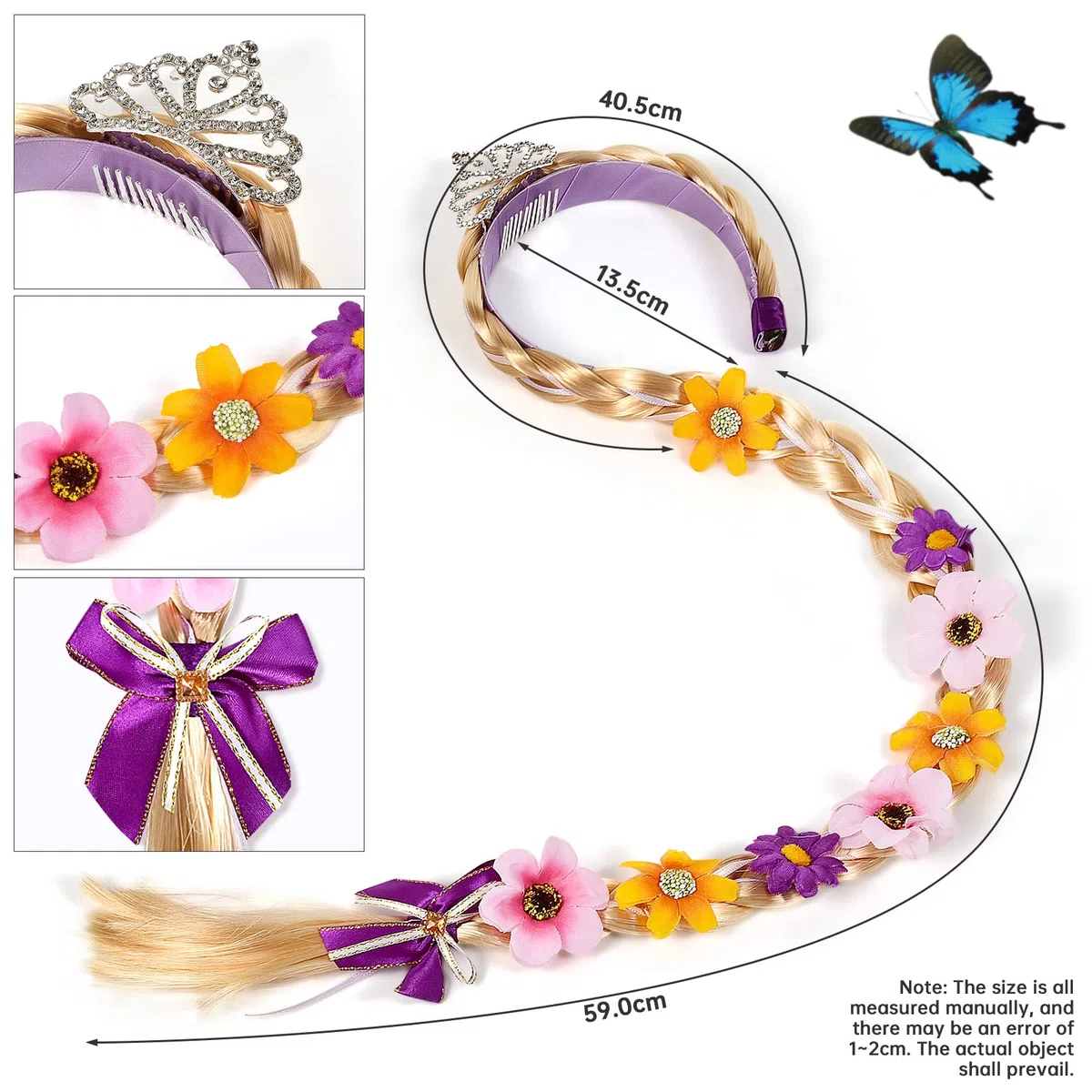 vamei Principessa Parrucca Bambina Parrucche Treccia con Diadema Farfalla Spilla Vestito Principessa Accessori per Bambini Ragazza Cosplay Carnevale Halloween Festa di Compleanno