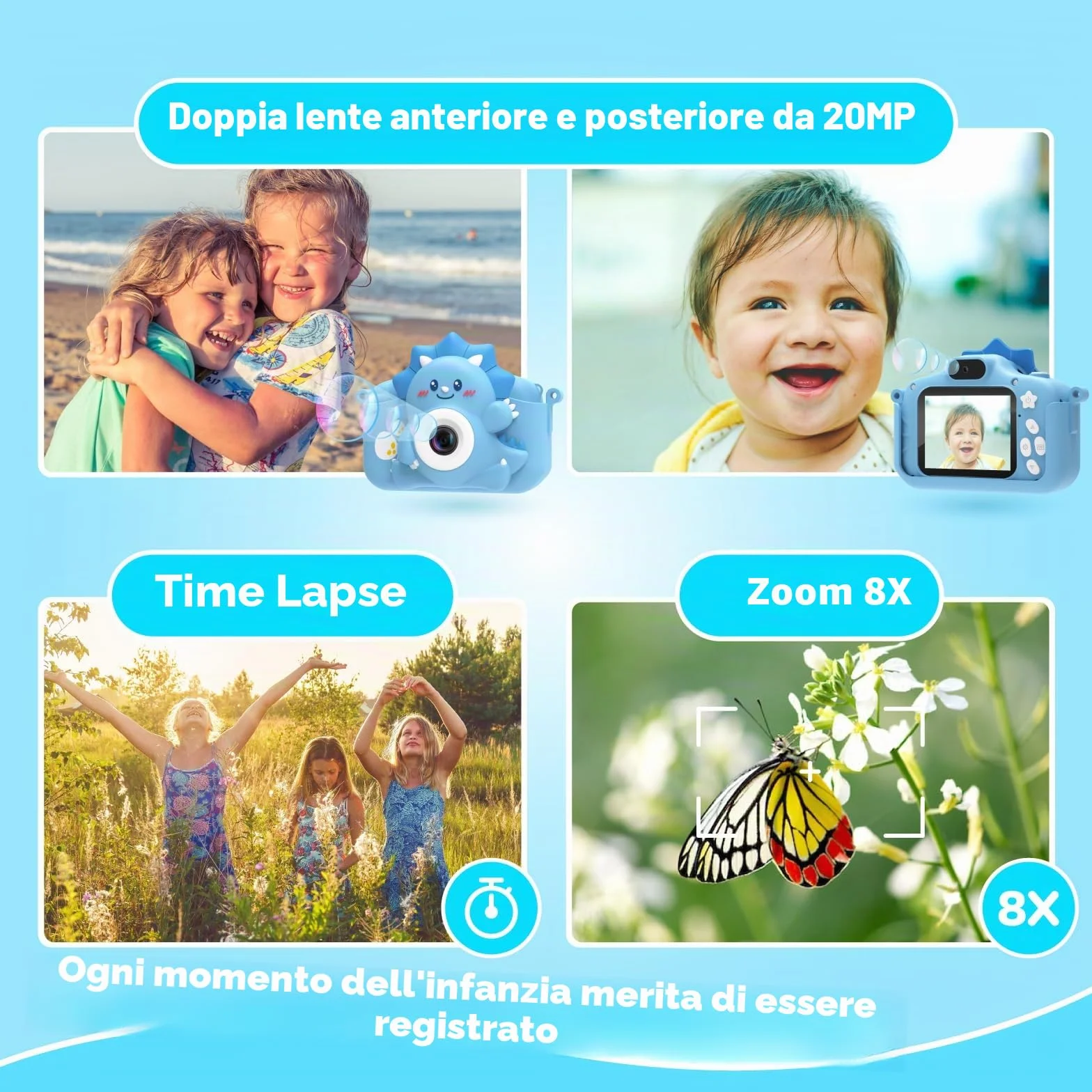 HiMont Macchina Fotografica per Bambini, 1080P Fotocamera Digitale con Scheda 32G & Schermo da 2,0", Selfie Videocamera, Regalo per Compleanno, Natale, Giocattolo per Bambini 3-12 Anni