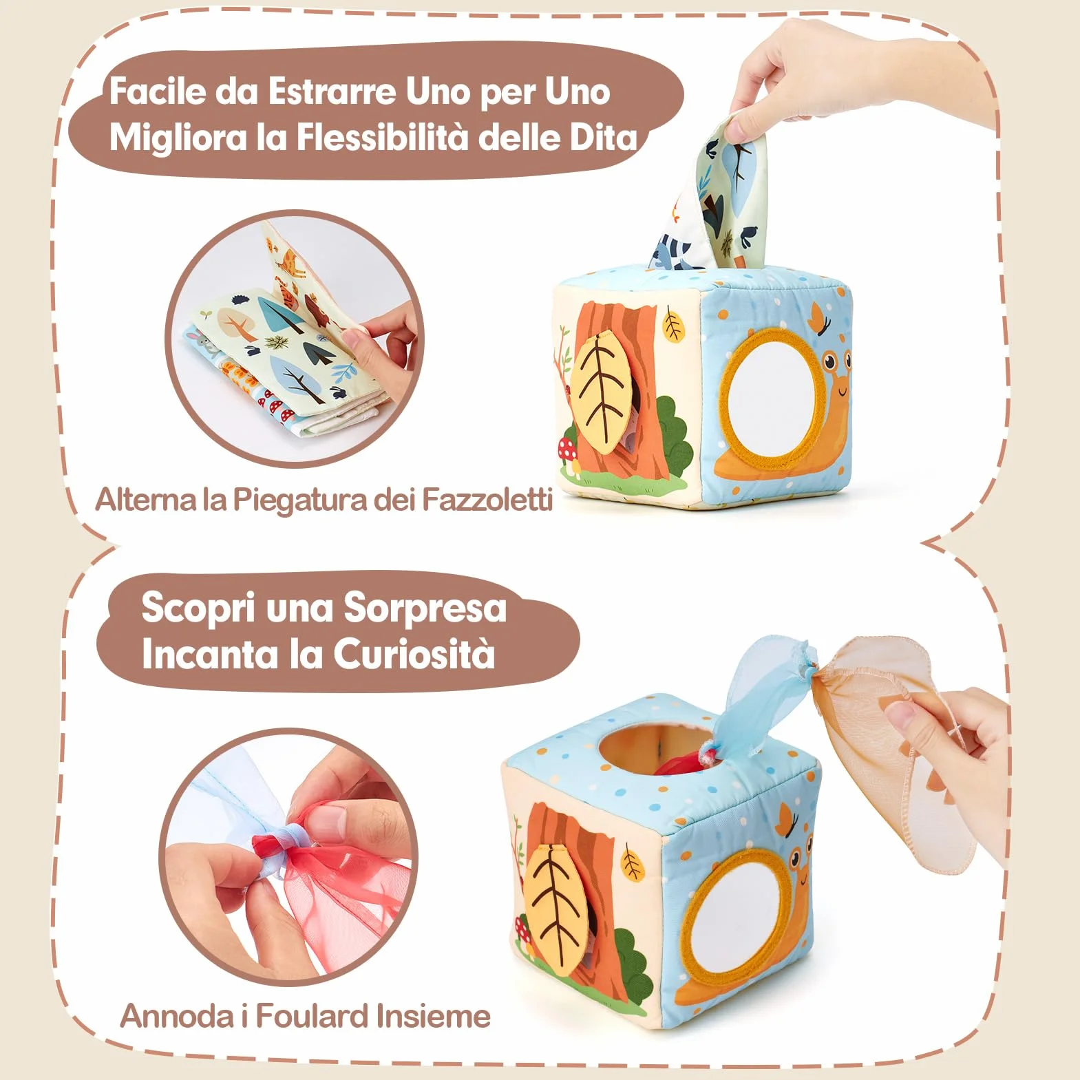 hahaland Scatola di Fazzoletti Montessori 3-6 Mesi, Giochi Neonati Sensoriali Scatoletta Interattiva in Tessuto e Specchio, Regalo Neonato Maschio