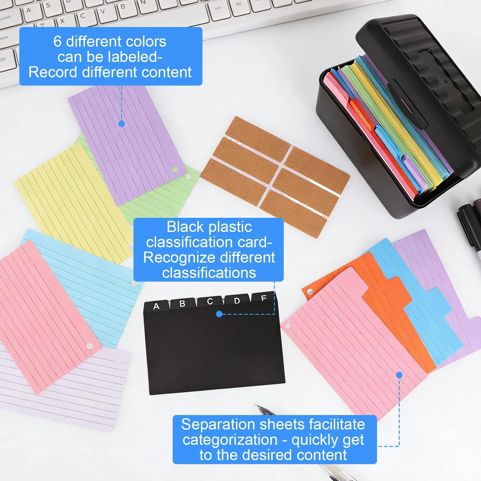 Scatola per Flashcards Nera con 400 Cartoncini Colorati A6, Schede Forate a Righe, 6 Anelli Metallici e Schede Indice A-E, Ideale per Appunti per Ufficio, Scuola, Casa Studio Appunti