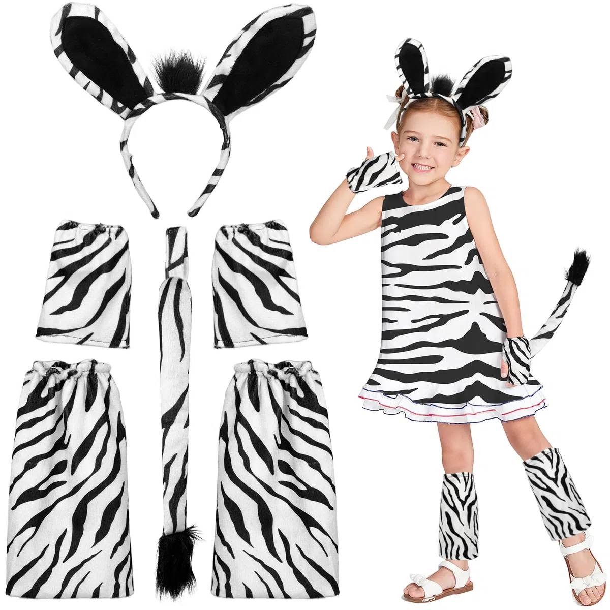 Hifot 6 Pezzi Set di Costumi per Zebra, Zebra Cerchietto con Orecchie Coda Guanti Scaldamuscoli, Zebra Costume Animale Accessori per Bambini Adulti per Cosplay Halloween Carnevale Festa a Tema