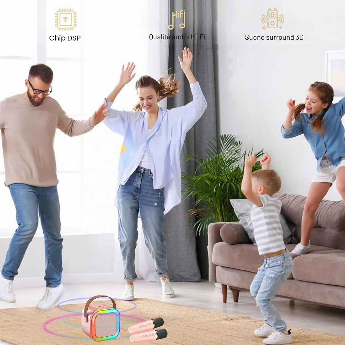 Macchina Karaoke Bambini con 2 Microfoni Senza Fili HiFi Microfono Karaoke Bluetooth Mini Portatile Microfono Karaoke con Cambiatore di Voce Magico e Luci LED, Regalo Giocattolo per Ragazzi 3-12 Anni