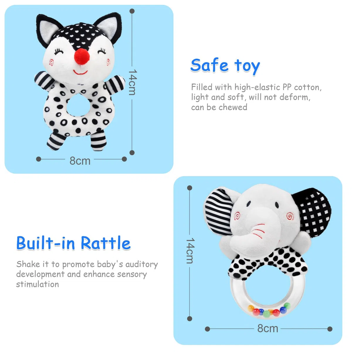 JoyLife Giochi Neonato 0 3 6 Mesi, Sonaglio Neonato Bianco e Nero, Alto Contrasto Sensoriale Neonati Giocattoli, Giocattoli Morbidi a Sonagli Regalo per 3 6 9 12 Mesi Ragazzi e Ragazze