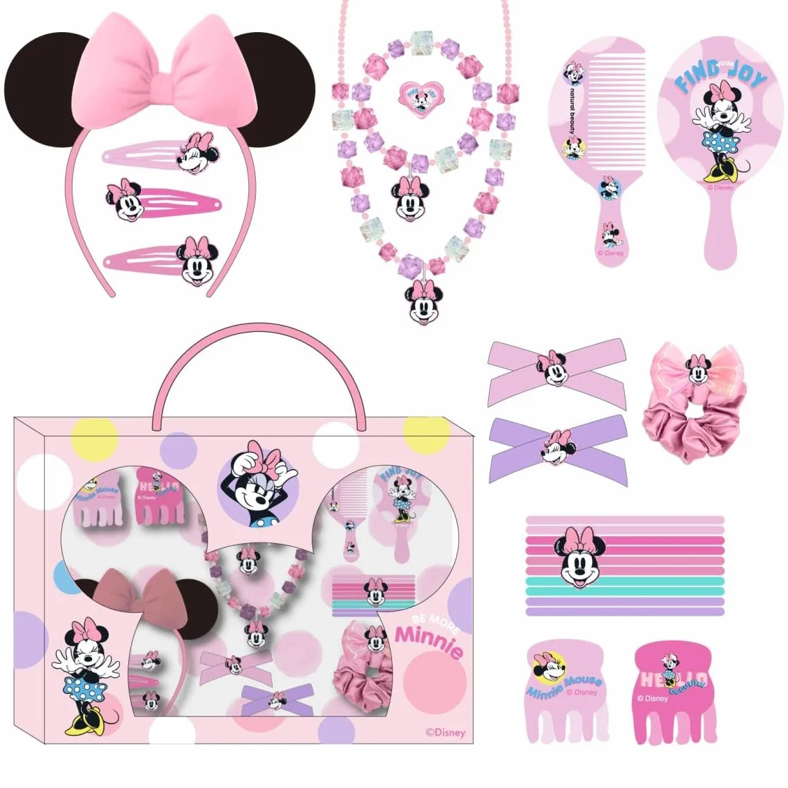 Set di bellezza di Minnie Mouse - Include 1 elastico in tessuto, 10 elastici, 2 pinzette, 3 forcine, 2 spazzole, 1 fascia, 1 collana, 1 bracciale e 1 anello - Prodotto originale progettato in Spagna
