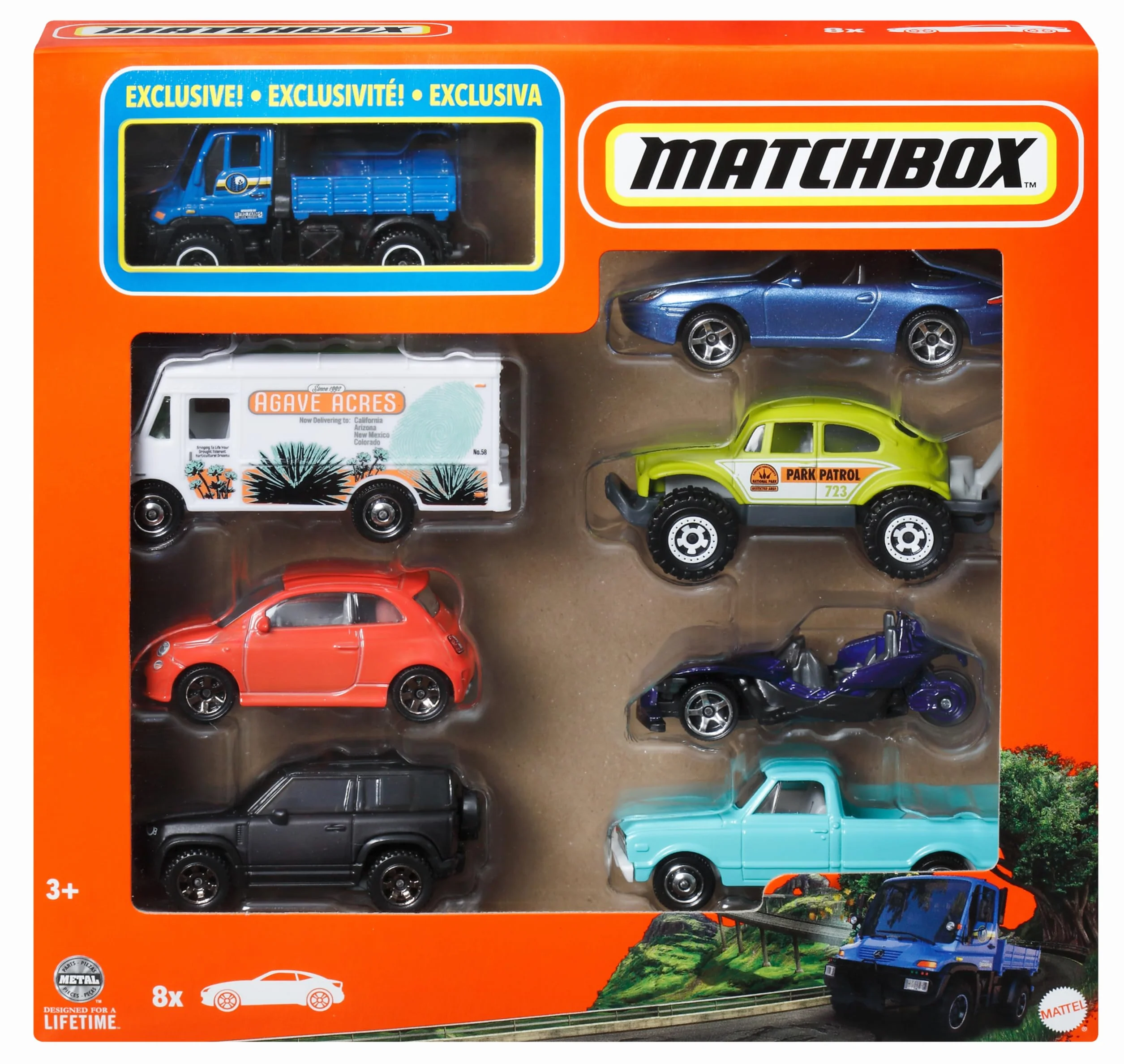 Matchbox - Confezione multipla di 8 veicoli a tema, set con macchinine e camion die-cast in scala 1:64 di cui uno esclusivo, tutti da collezionare, giocattolo per bambini, 3+ anni, HVR81