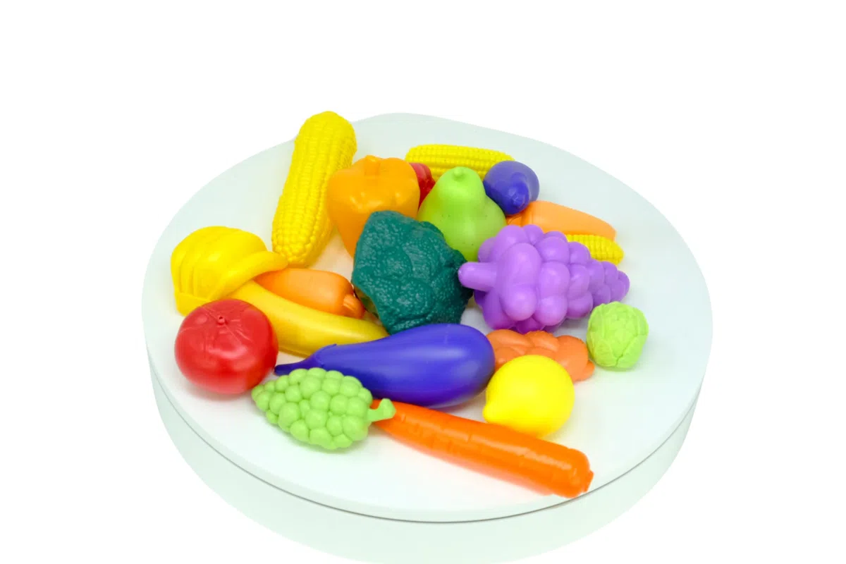 ODS - Maisonelle Bio, Carrellino della Spesa Giocattolo per Bambini, con Frutta, Verdure e Scatoline, Sostenibile in Bioplastica, 31,5x19x16 cm, Età Consigliata +2 Anni