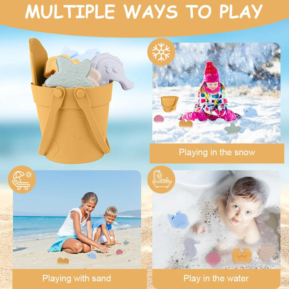 HOTUT Giocattoli da Spiaggia per Bambini, 8 Pezzi Morbido Silicone Giochi Spiaggia Bambini, Giocattolo da Spiaggia con Secchiello e Pala, Set di Giocattoli per la Sabbia per Bambini Ragazzi Ragazze