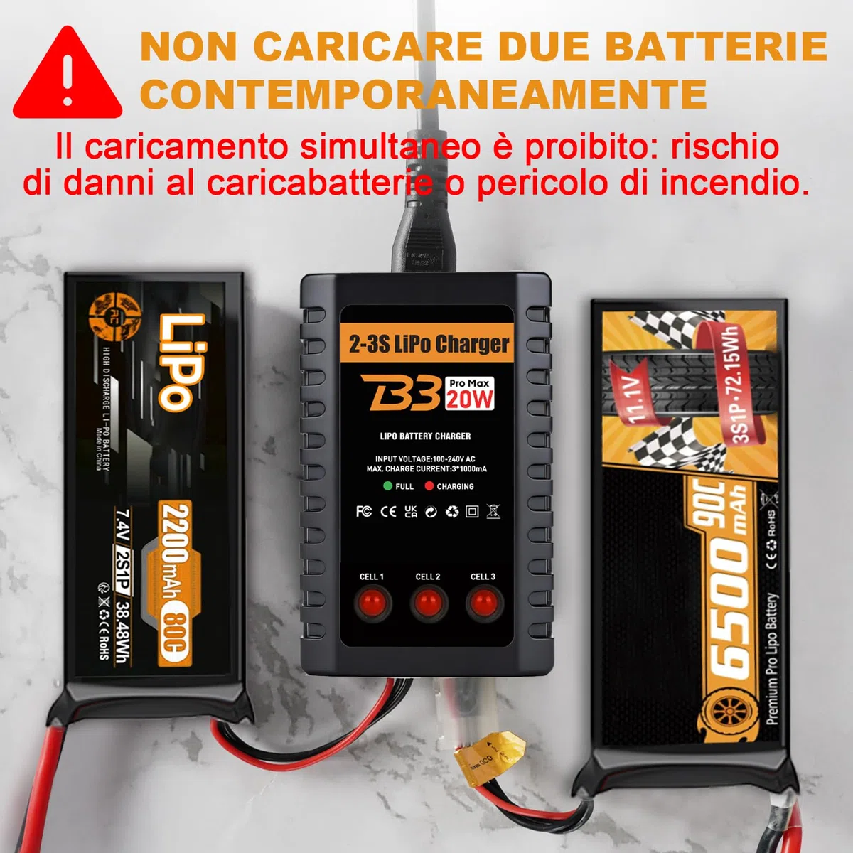 HTRC Caricabatterie Lipo Bilanciatore 2S-3S 20W, Caricabatteria Lipo per Batterie 7.4V e 11.1V, Caricabatterie RC con LED Indicatore, per Drone, Auto RC, Armi Airsoft, Barche RC, ecc