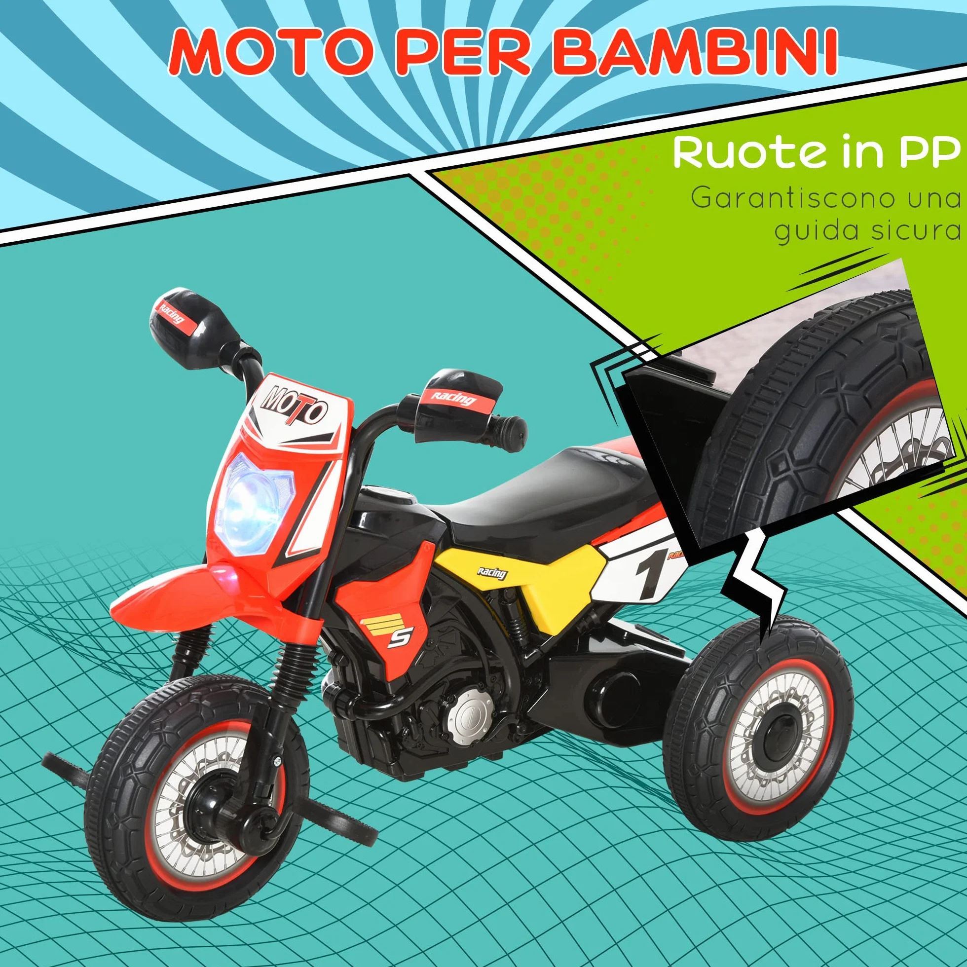 HOMCOM Triciclo per Bambini Stile Moto a Pedali con Luci e Suoni, 3 Ruote Larghe, Età 18-36 Mesi, 71x40x51cm, Rosso