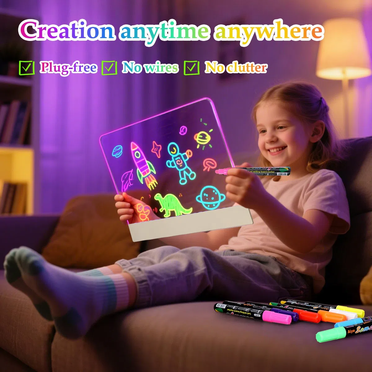 Tavola da disegno a LED per bambini, ricaricabile, tavoletta da disegno in acrilico, lavagna a LED con colori, lavagna cancellabile a secco, lavagna trasparente con supporto, per ragazze, regalo di