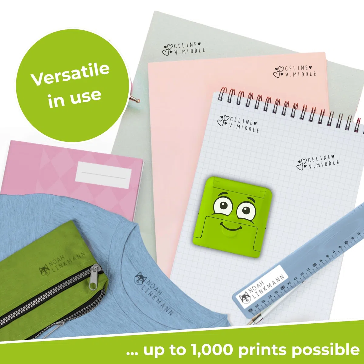 DIY MARKY - Timbro personalizzabile per bambini | Abbigliamento e oggetti per bambini | Inchiostro fino a 1000 impronte | Tutte le superfici | Kit completo con etichette e nastro termoadesivo (Verde)