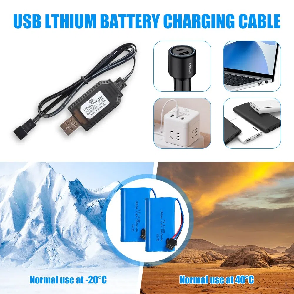 2 Pezzi 2000mAh 7.4V Batteria RC, Batterie Ricaricabili 7.4V con cavo di ricarica UBS connettore SM-3P, Batteria Li-Ion universale compatibile per veicoli RC, barche, carri armati, auto