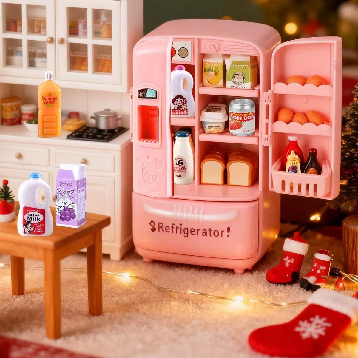 Accessori per la casa delle bambole, Mini Verse Frigorifero giocattolo con 40+ Mini alimenti, set da gioco per bambini, frigorifero per bambini realistico con ghiaccio, succo e accessori da cucina