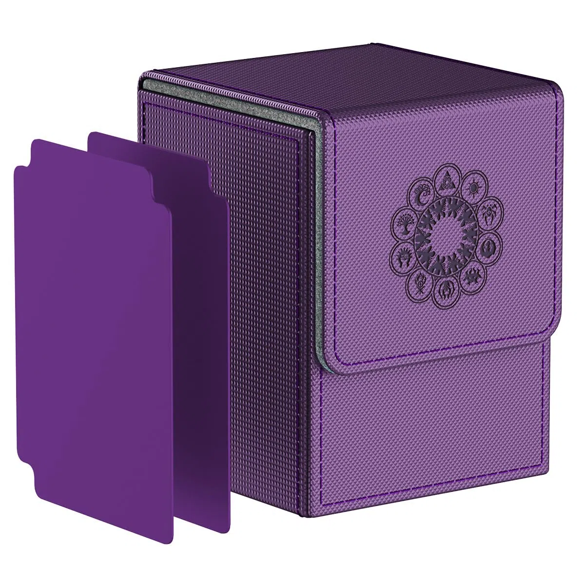 Pulchra Scatola Box Porta Carte Capacità fino a 100+ carte, con 2 Piastra di Partizione, Magnetic Flip Deck Box (Elemental Design, Viola)