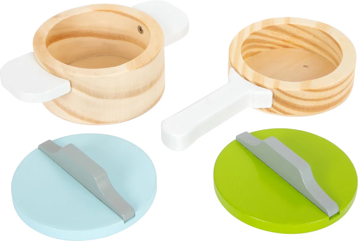 Small Foot- Set stoviglie e pentole Bambini, in Legno, 15 Pezzi, Un complemento Perfetto per Ogni Cucina da Gioco Ideale cucinetta, pz, 11098, Multicolore