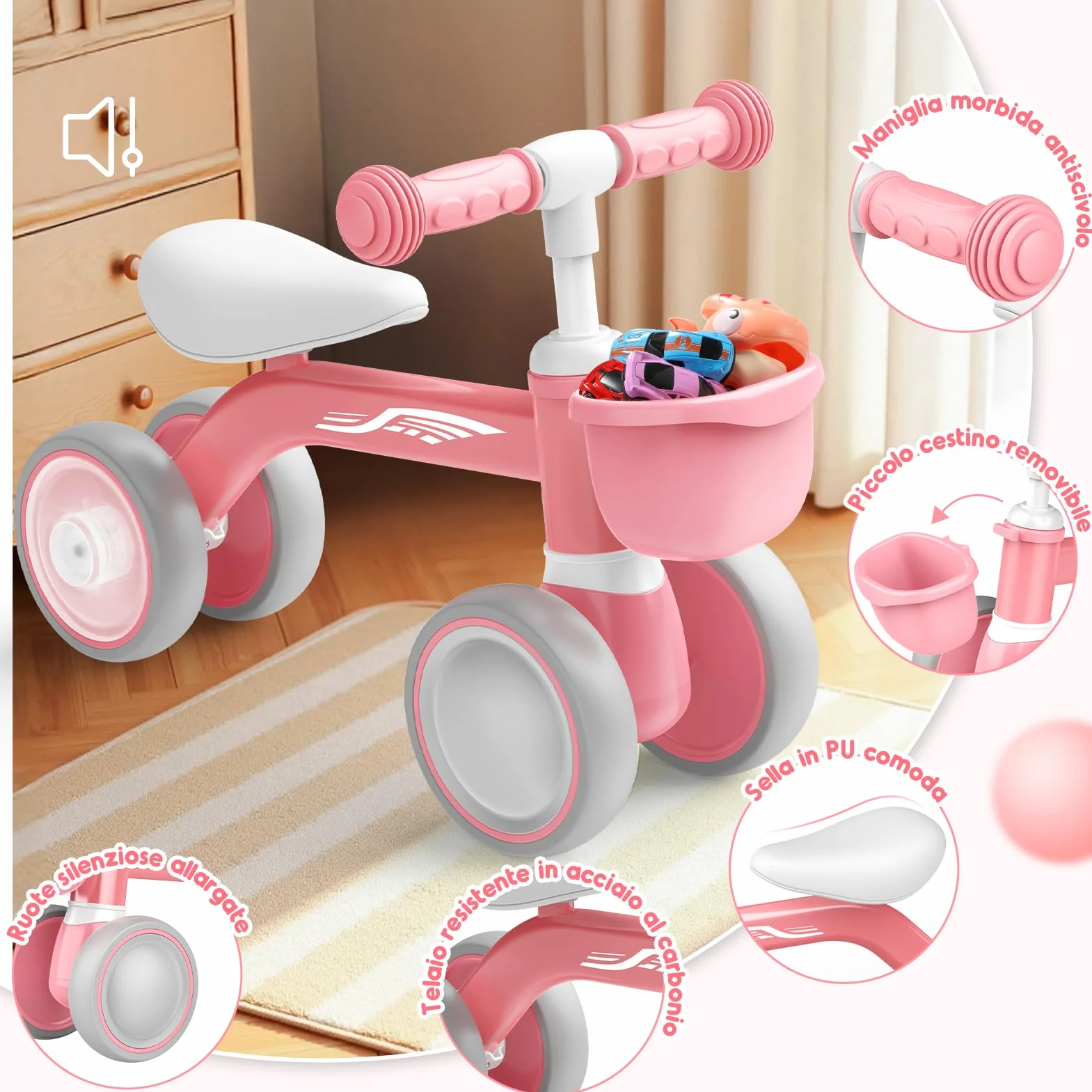 HappyGoLucky Bicicletta Bambini 12-24 Mesi con Cestino, Ruote Colorate, Ultra Leggero, Bicicletta Senza Pedali Giochi Bambina 1 2 Anni, Balance Bike Regalo Bambino 1 Anno, Primo Regalo di Compleanno