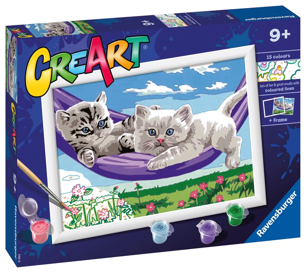 Ravensburger CreArt: Gattini sull'amaca – Dipingere con i Numeri per Bambini 9+ Anni, Kit Pittura con Tavole, Cornice, Pennello e Colori Inclusi, 25 x 18,30 cm, Idee Regalo