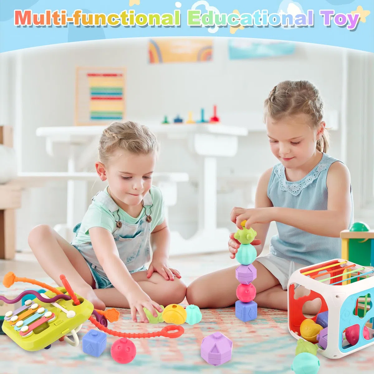 MXTIMWAN Giochi Bambini 1 2 Anno, 7 in 1 Giochi Montessori per Bambini 1 2 3 Anno, Montessori Sensoriali Giocattoli di Impilabile Smistamento Cubo Montessori Multiattivita
