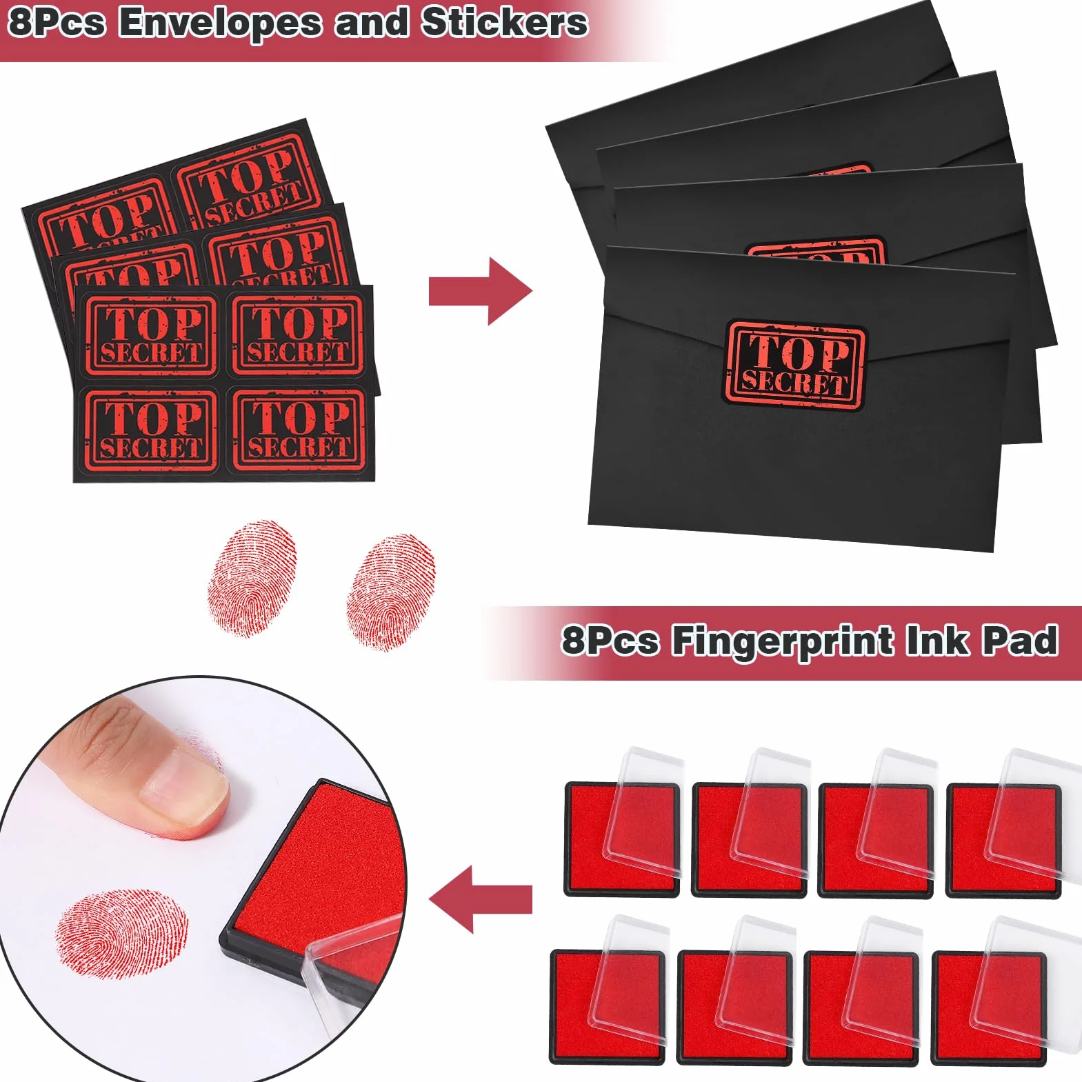 Detective Gadget Compleanno Bambini con Penna invisibile e Taccuino, Carte D'identità Detective, Lente D'Ingrandimento,Tamponi per Impronte Digitali, Kit Spionaggio Gioco Detective per Bambini