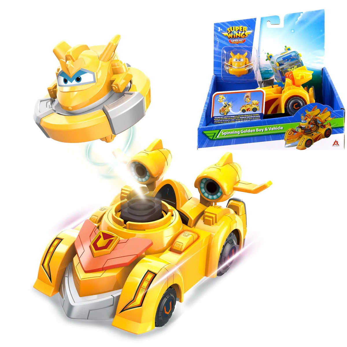 Super Wings EU770331 - Golden Boy e veicolo rotante, super veicolo alto circa 14 cm con 2 modalità, incluso mini Golden Boy come trottola da sparare, per bambini a partire dai 3 anni di età