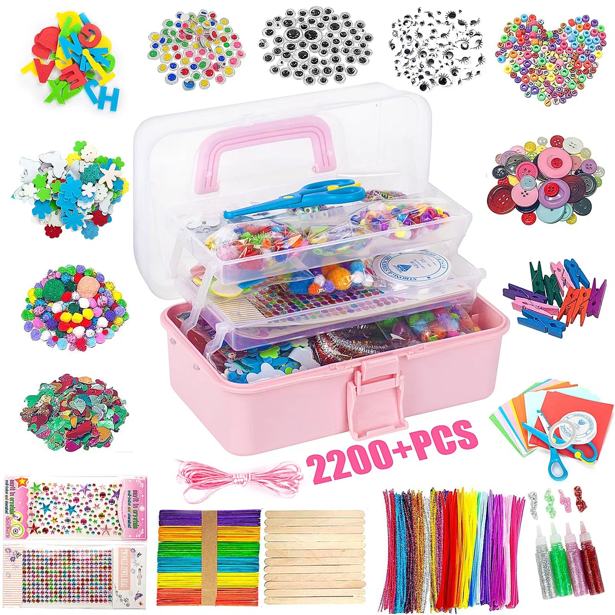 Withosent 2200+ Pezzi Lavoretti Creativi per Bambini, DIY Art Craft Set, Wiggle Occhi, Sticks, Glitter Palla Pompon, Scovolini Pipa, Perline, Kids Mestiere Fai da Te Decorazioni Giocattoli