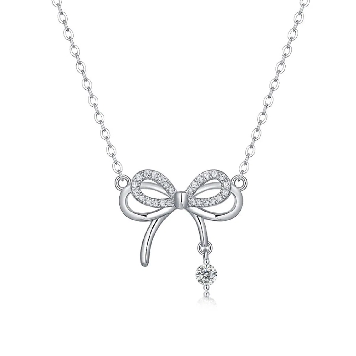 Collana Fiocco Argento 925 per Donna Bambina Ragazza Ciondolo Fiocco Rondo Zirconi Brillantini Collana da Donna Argento Cristalli Girocollo Catena Gioielli Regalo