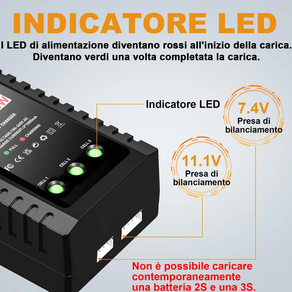 HTRC Caricabatterie Lipo Bilanciatore 2S-3S 20W, Caricabatteria Lipo per Batterie 7.4V e 11.1V, Caricabatterie RC con LED Indicatore, per Drone, Auto RC, Armi Airsoft, Barche RC, ecc