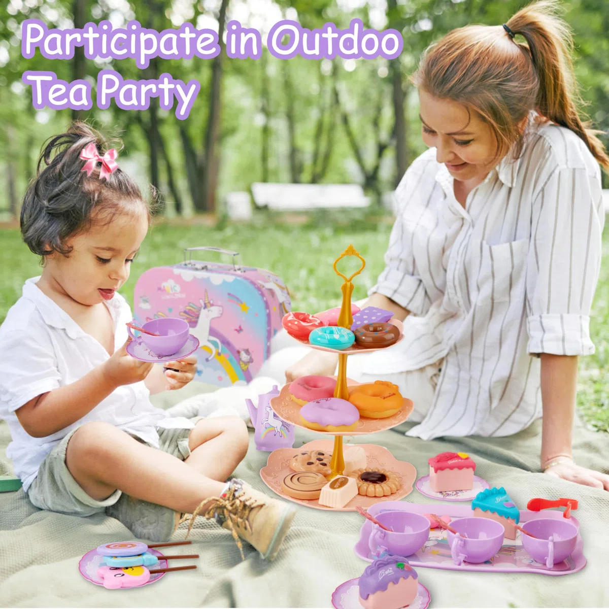 Set da Tè per Bambini, 42 Pezzi Set da Tè Giocattoli Accessori Cucina Bambini, Servizio da tè e Valigia Unicorno, Tea Party Finta di Giocare, Compleanno Regalo per Bambina 3 4 5 6 7 Anni